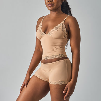 Purely Sensual Lace Trimmed Camisole Panties Set Deep V Neck Loungewear