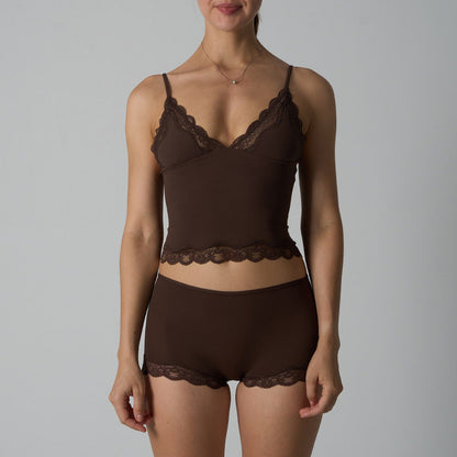 Purely Sensual Lace Trimmed Camisole Panties Set Deep V Neck Loungewear